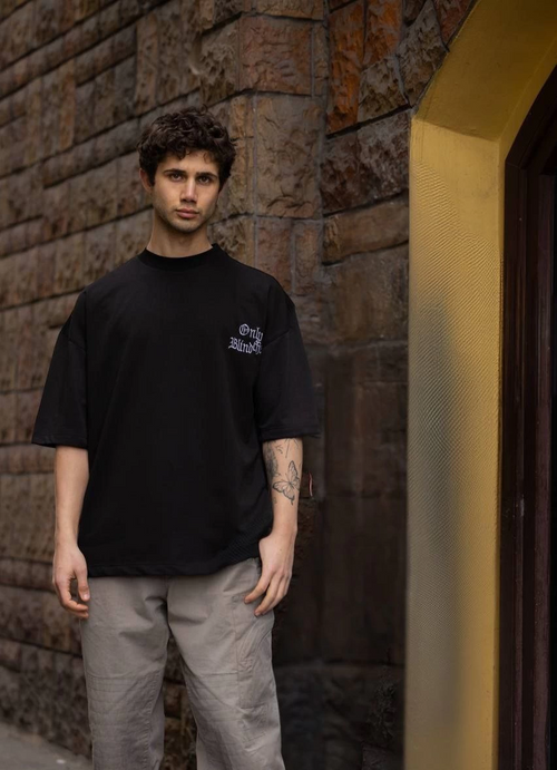 Bisiklet Yaka Baskılı Oversize T-Shirt - Siyah