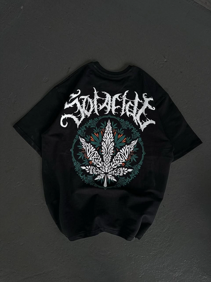 Bisiklet Yaka Baskılı Oversize T-Shirt - Siyah -