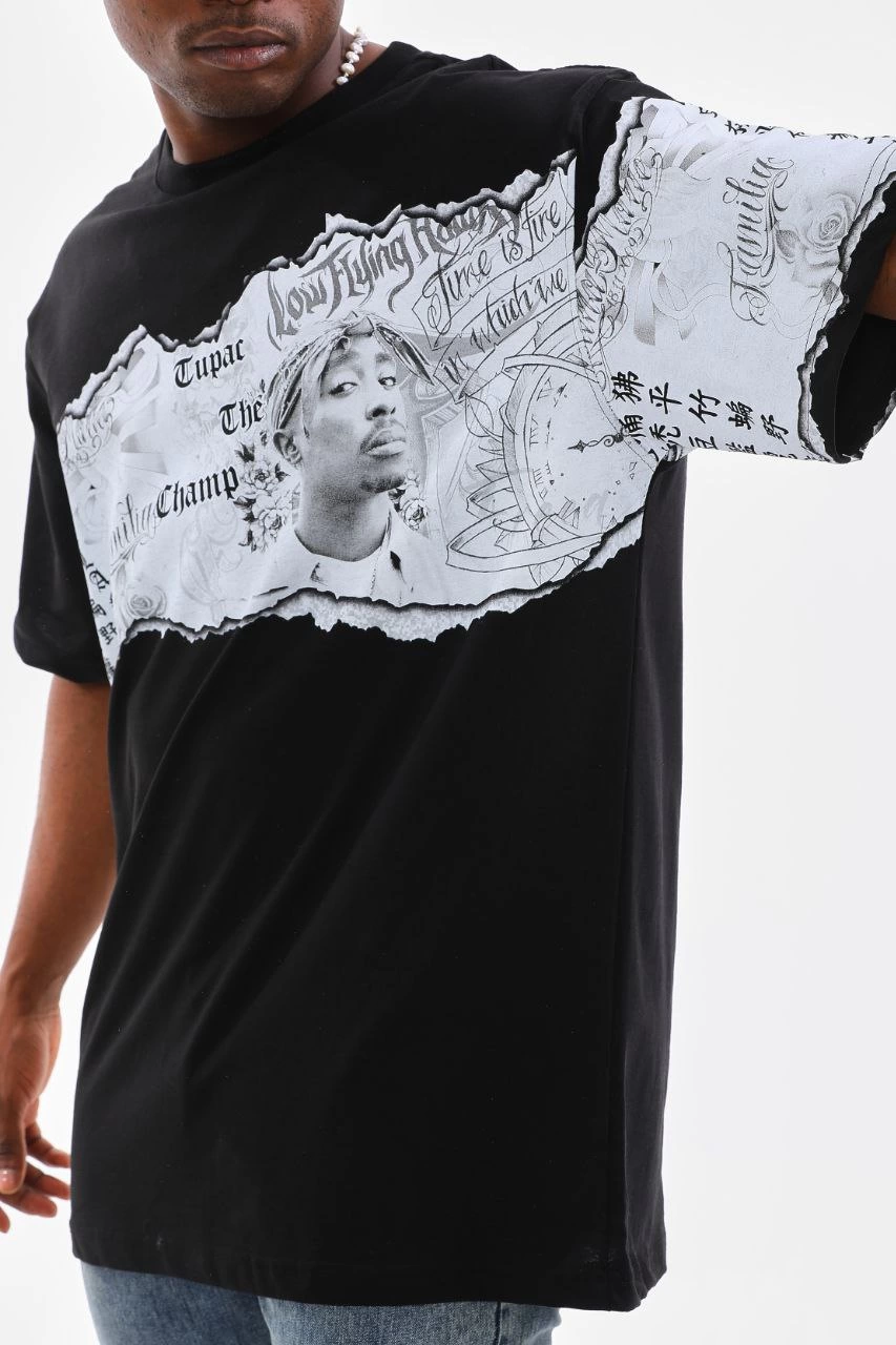 Bisiklet Yaka Baskılı Oversize T-Shirt - Siyah -