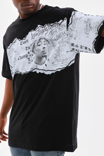 Bisiklet Yaka Baskılı Oversize T-Shirt - Siyah -