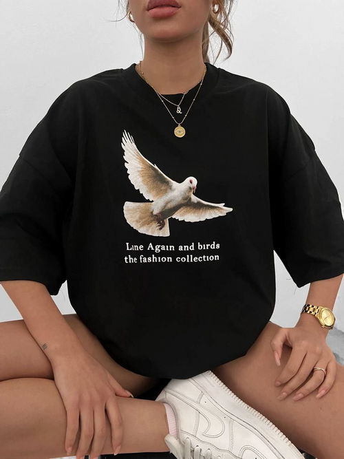 Bisiklet Yaka Baskılı Oversize T-Shirt - Siyah -