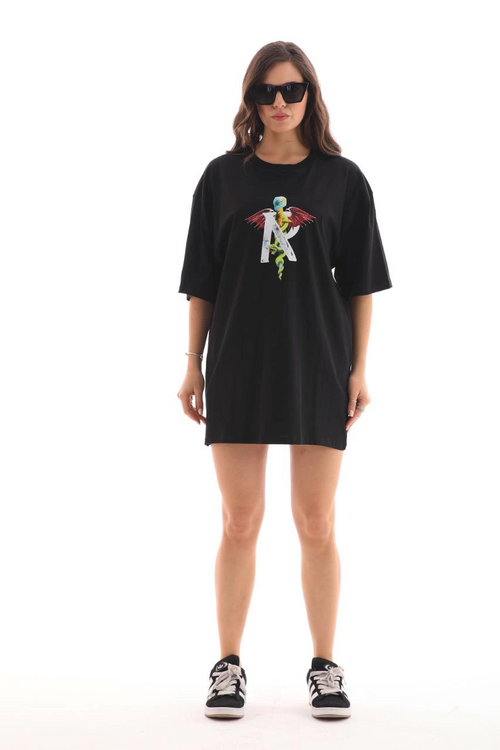 Bisiklet Yaka Baskılı Oversize T-Shirt - Siyah -