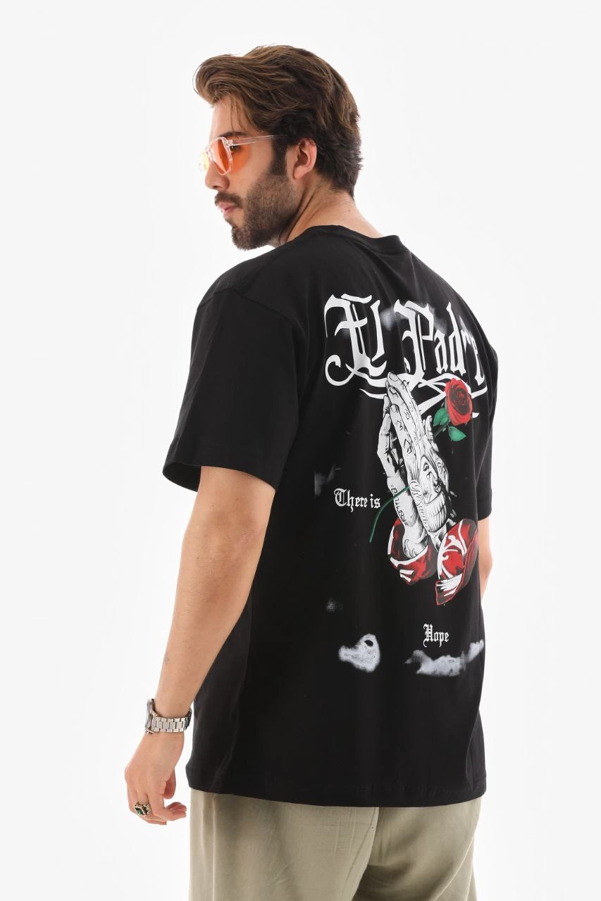 Bisiklet Yaka Baskılı Oversize T-Shirt - Siyah -
