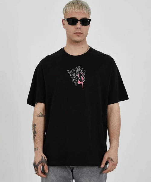 Bisiklet Yaka Baskılı Oversize T-Shirt - Siyah