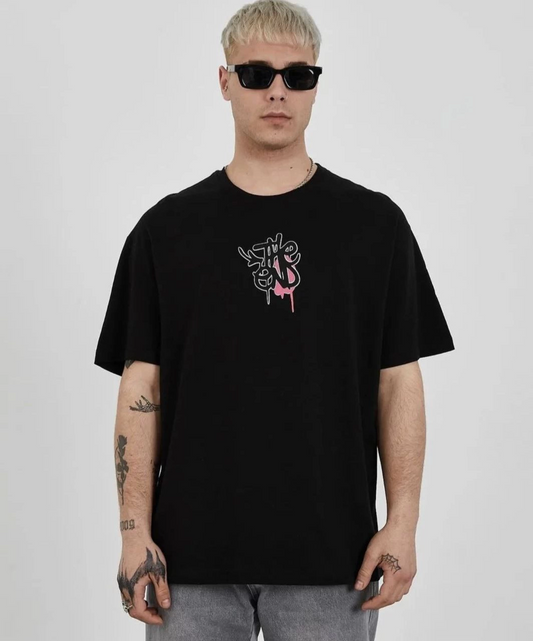 Bisiklet Yaka Baskılı Oversize T-Shirt - Siyah