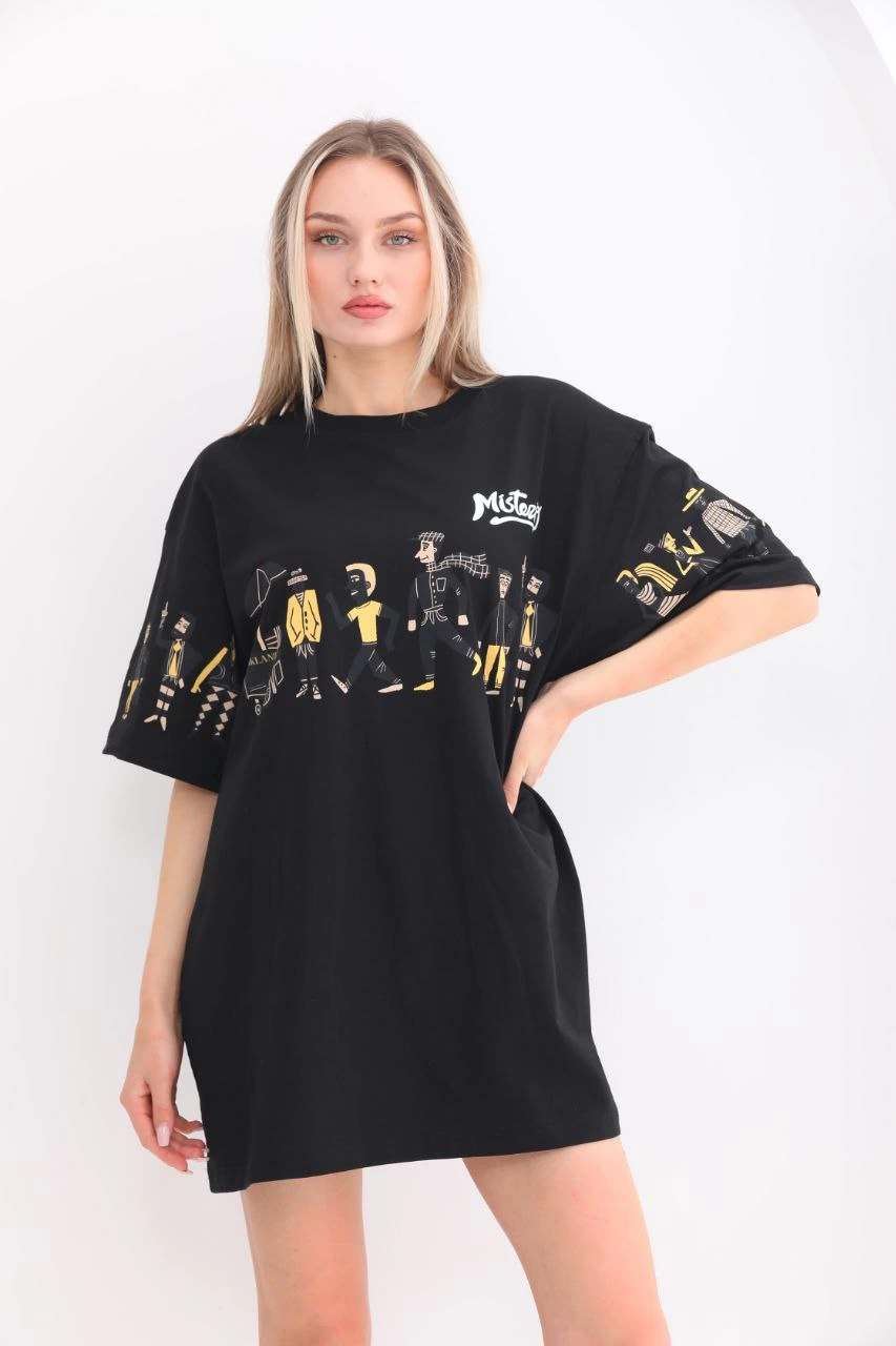 Bisiklet Yaka Baskılı Oversize T-Shirt - Siyah -