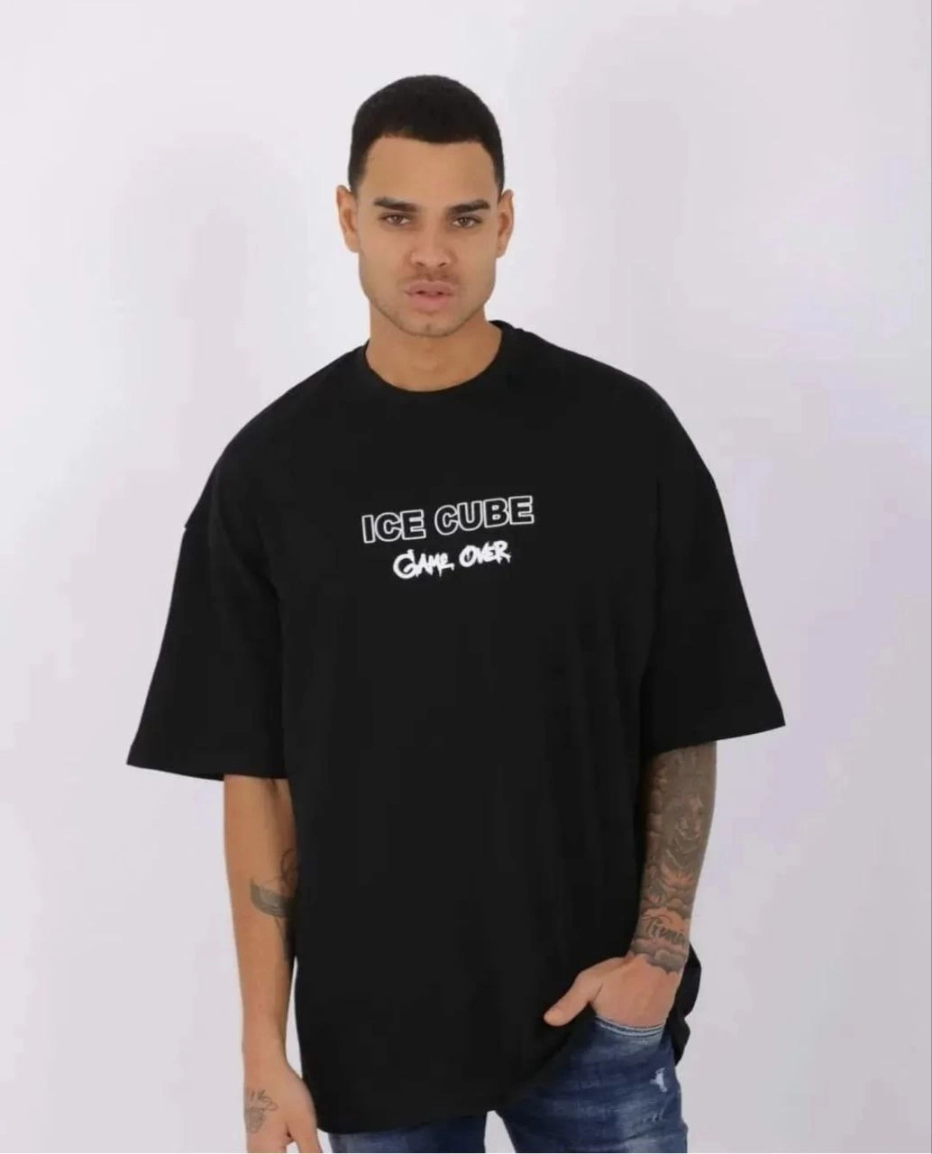 Bisiklet Yaka Baskılı Oversize T-Shirt - Siyah