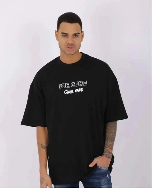 Bisiklet Yaka Baskılı Oversize T-Shirt - Siyah