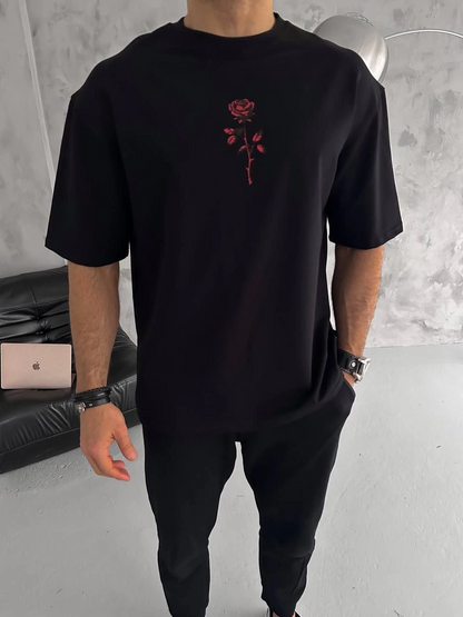 Bisiklet Yaka Baskılı Oversize T-Shirt - Siyah -