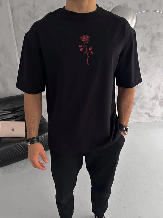 Bisiklet Yaka Baskılı Oversize T-Shirt - Siyah -