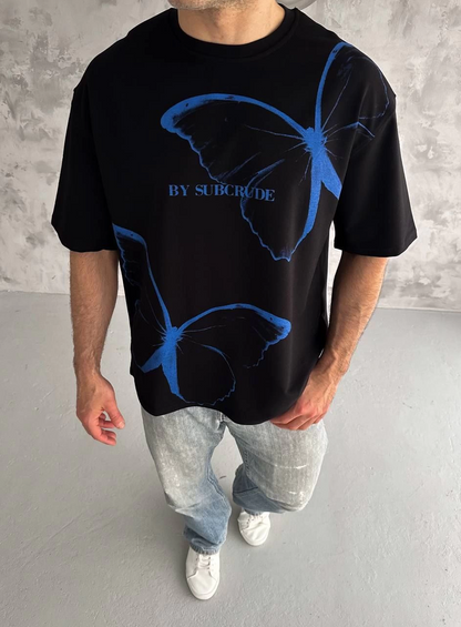 Bisiklet Yaka Baskılı Oversize T-Shirt - Siyah