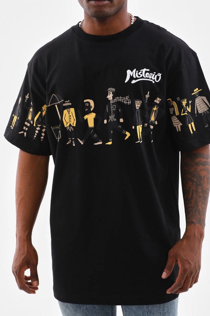 Bisiklet Yaka Baskılı Oversize T-Shirt - Siyah -