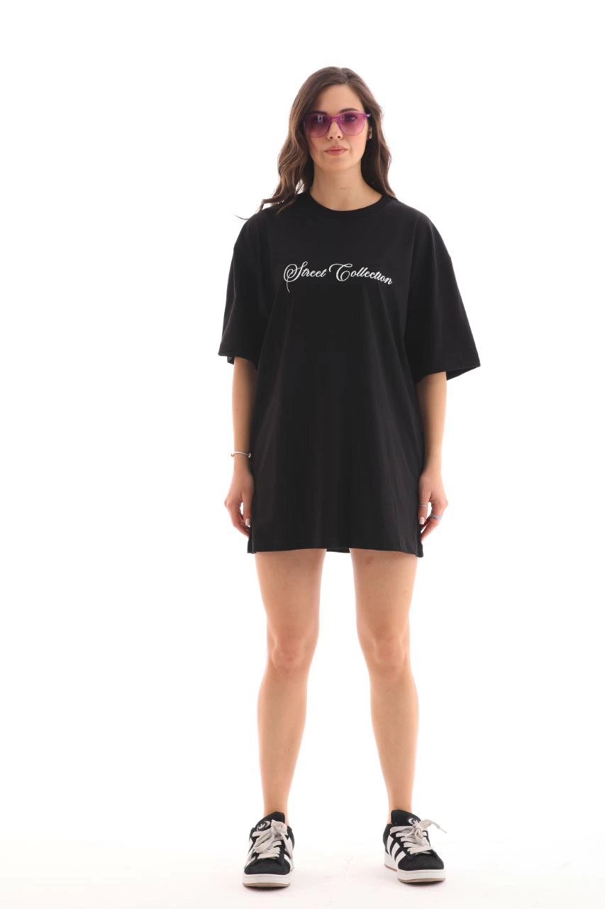 Bisiklet Yaka Baskılı Oversize T-Shirt - Siyah