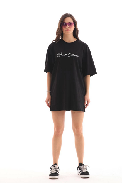Bisiklet Yaka Baskılı Oversize T-Shirt - Siyah