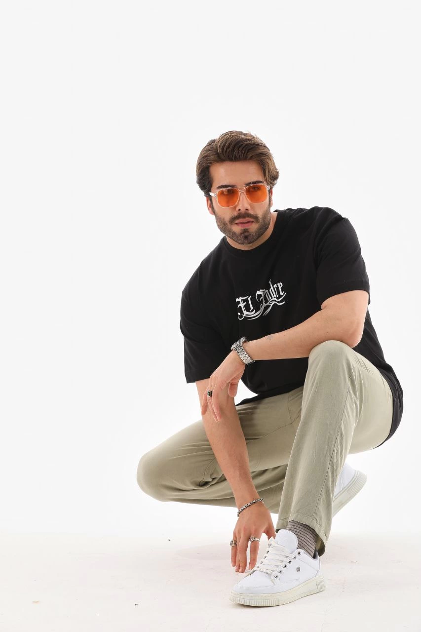 Bisiklet Yaka Baskılı Oversize T-Shirt - Siyah -