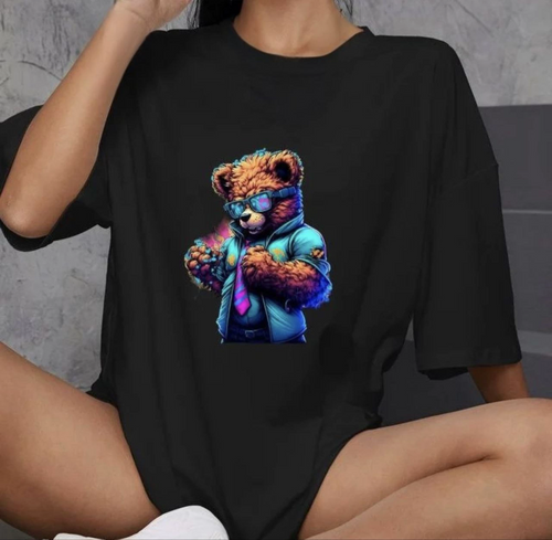 Bisiklet Yaka Baskılı Oversize T-Shirt - Siyah -