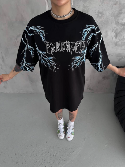 Bisiklet Yaka Baskılı Oversize T-Shirt - Siyah