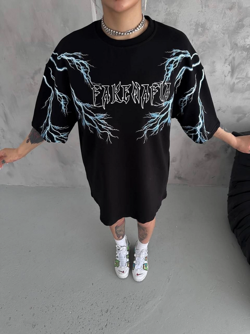 Bisiklet Yaka Baskılı Oversize T-Shirt - Siyah