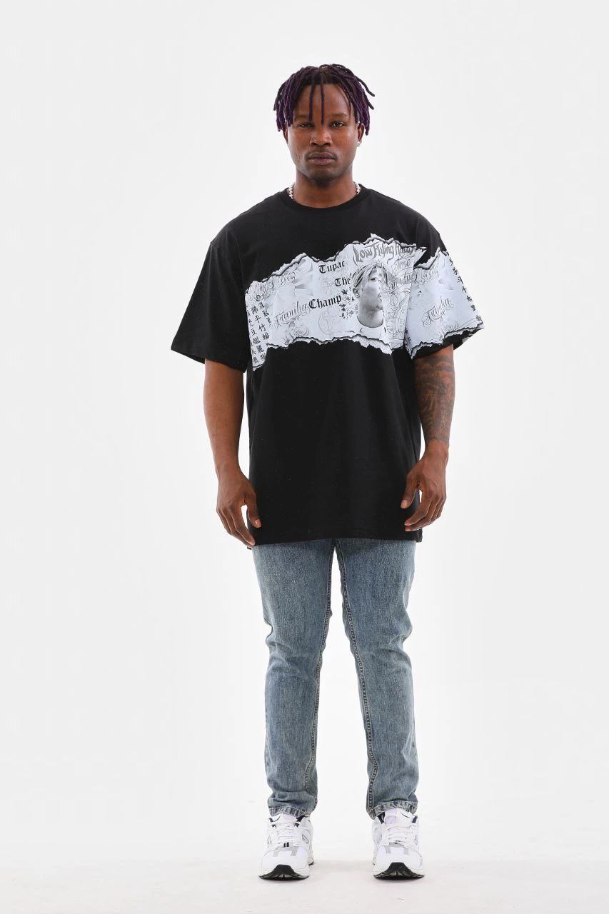 Bisiklet Yaka Baskılı Oversize T-Shirt - Siyah -