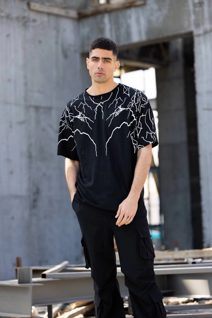 Bisiklet Yaka Baskılı Oversize T-Shirt - Siyah