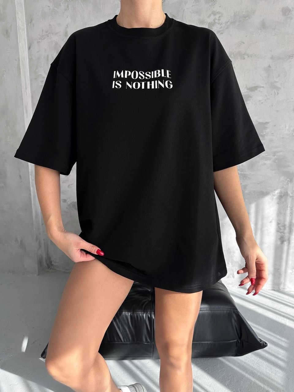 Bisiklet Yaka Baskılı Oversize T-Shirt - Siyah -