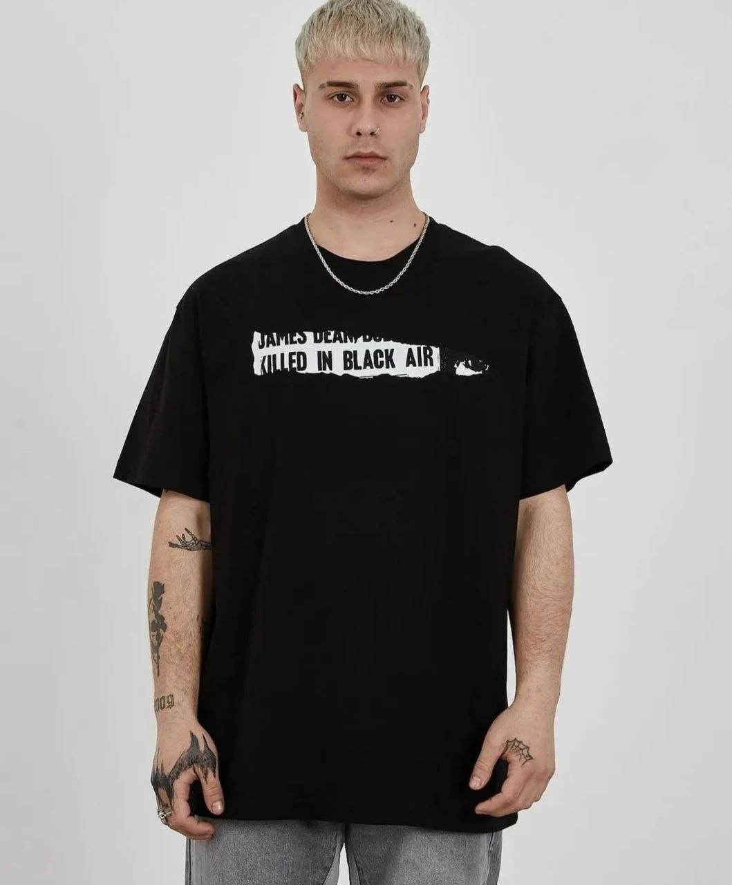Bisiklet Yaka Baskılı Oversize T-Shirt - Siyah
