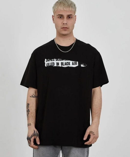 Bisiklet Yaka Baskılı Oversize T-Shirt - Siyah