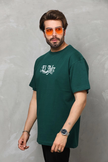 Bisiklet Yaka Baskılı Oversize T-Shirt - Yeşil -