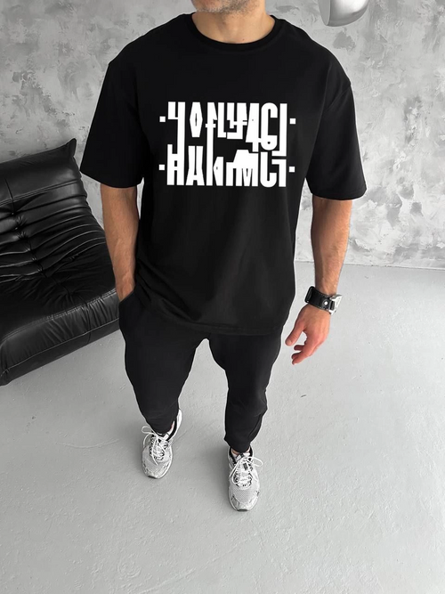 Bisiklet Yaka Katlanan Baskılı T-Shirt - Siyah -