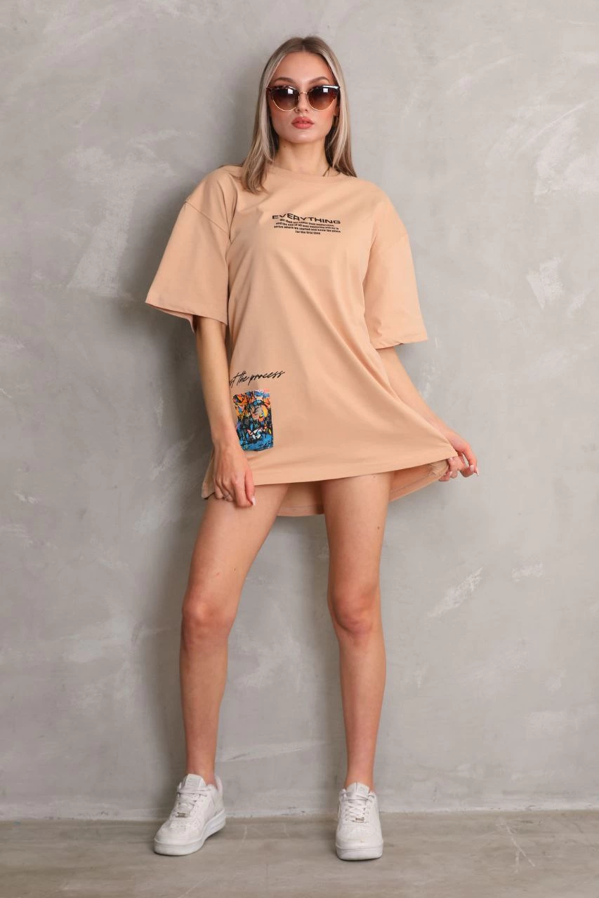 Bisiklet Yaka Baskılı Oversize T-Shirt - Bej