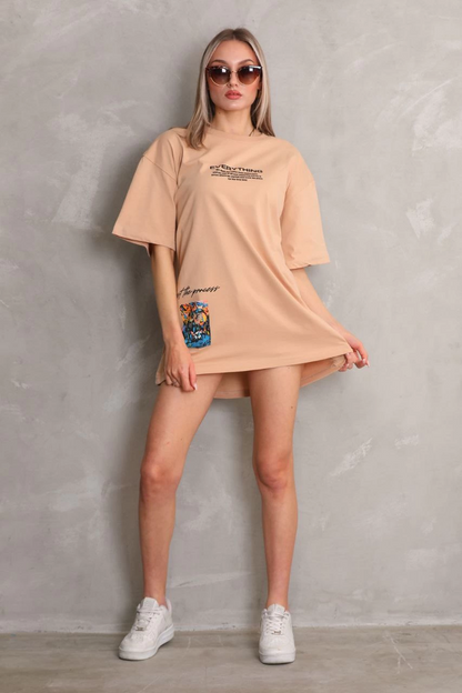 Bisiklet Yaka Baskılı Oversize T-Shirt - Bej