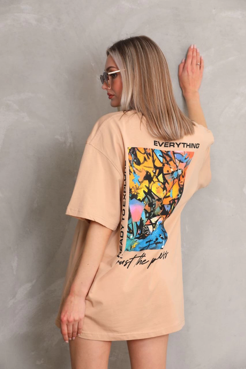 Bisiklet Yaka Baskılı Oversize T-Shirt - Bej