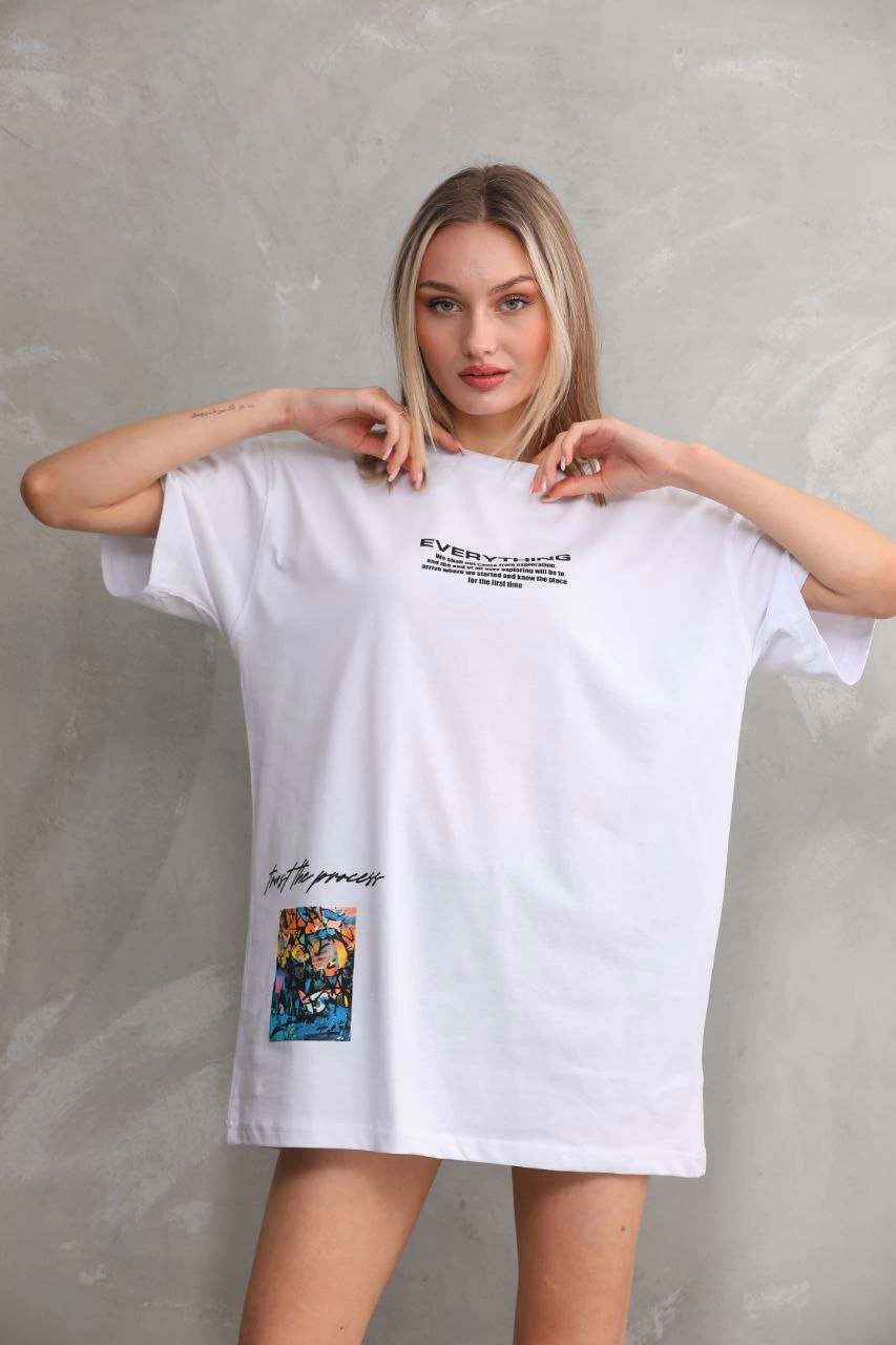 Bisiklet Yaka Baskılı Oversize T-Shirt - Beyaz -