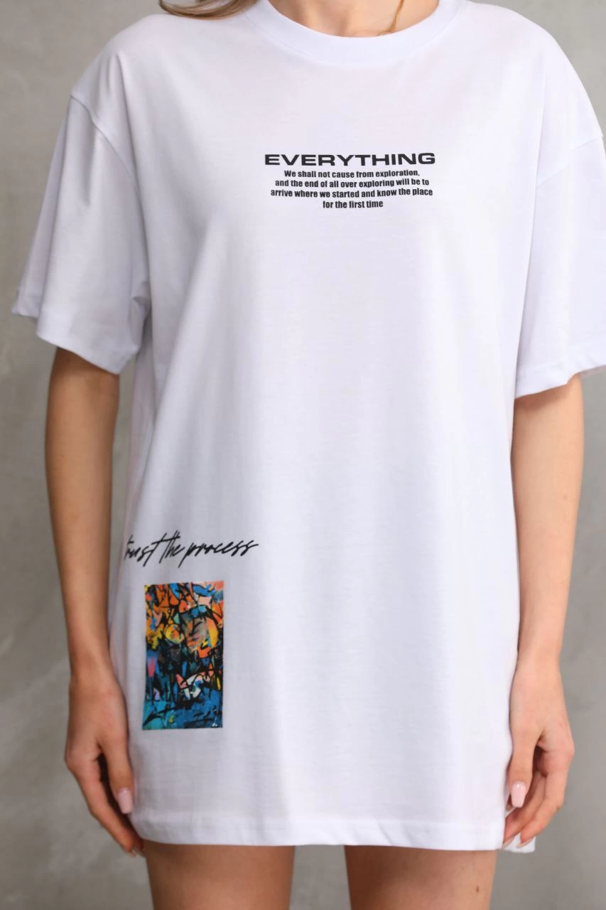 Bisiklet Yaka Baskılı Oversize T-Shirt - Beyaz -