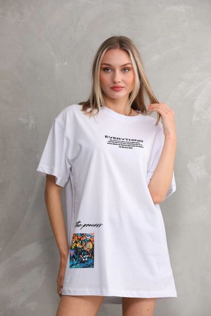 Bisiklet Yaka Baskılı Oversize T-Shirt - Beyaz -