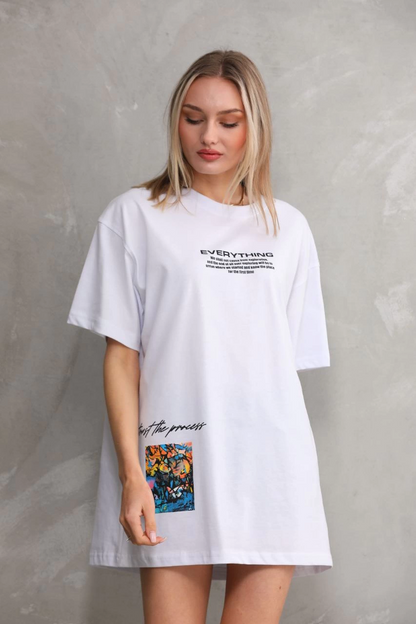 Bisiklet Yaka Baskılı Oversize T-Shirt - Beyaz -