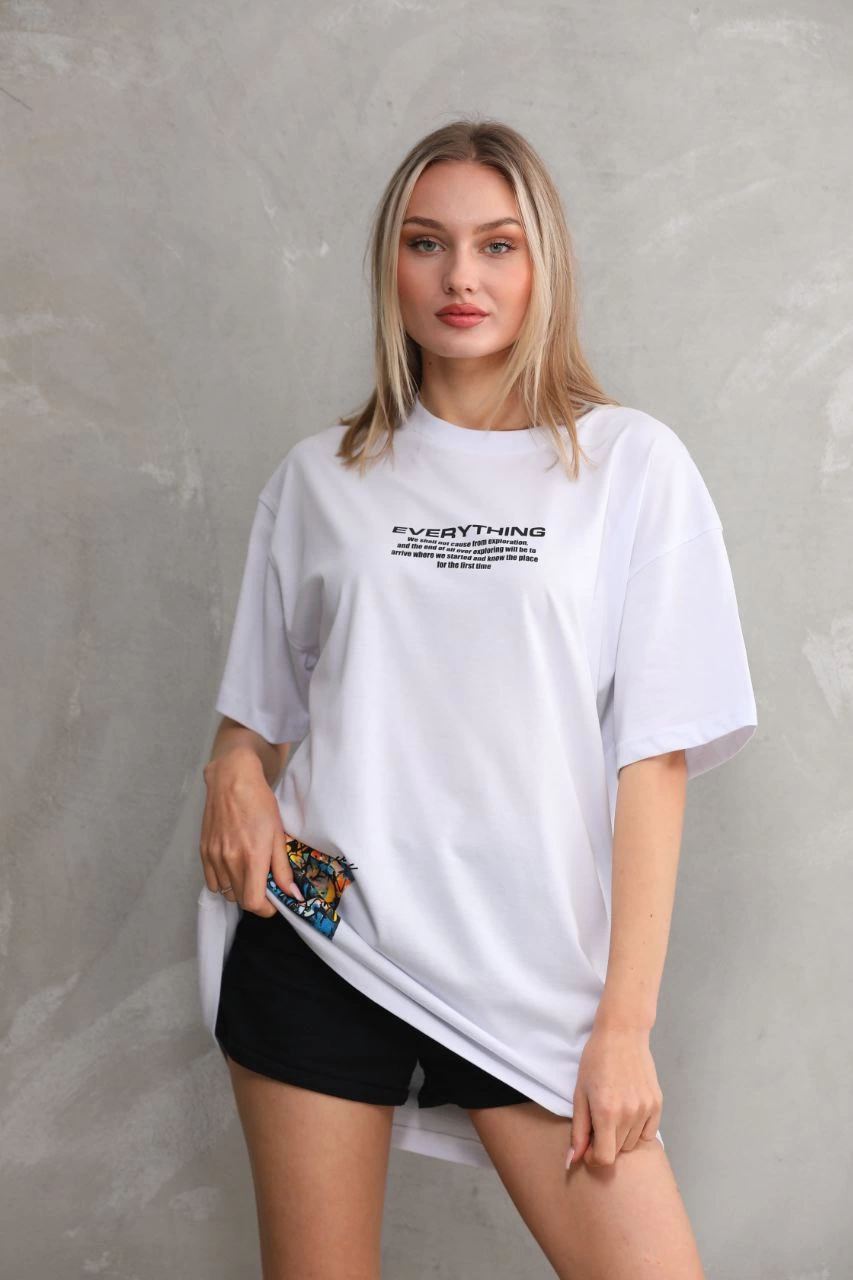 Bisiklet Yaka Baskılı Oversize T-Shirt - Beyaz -