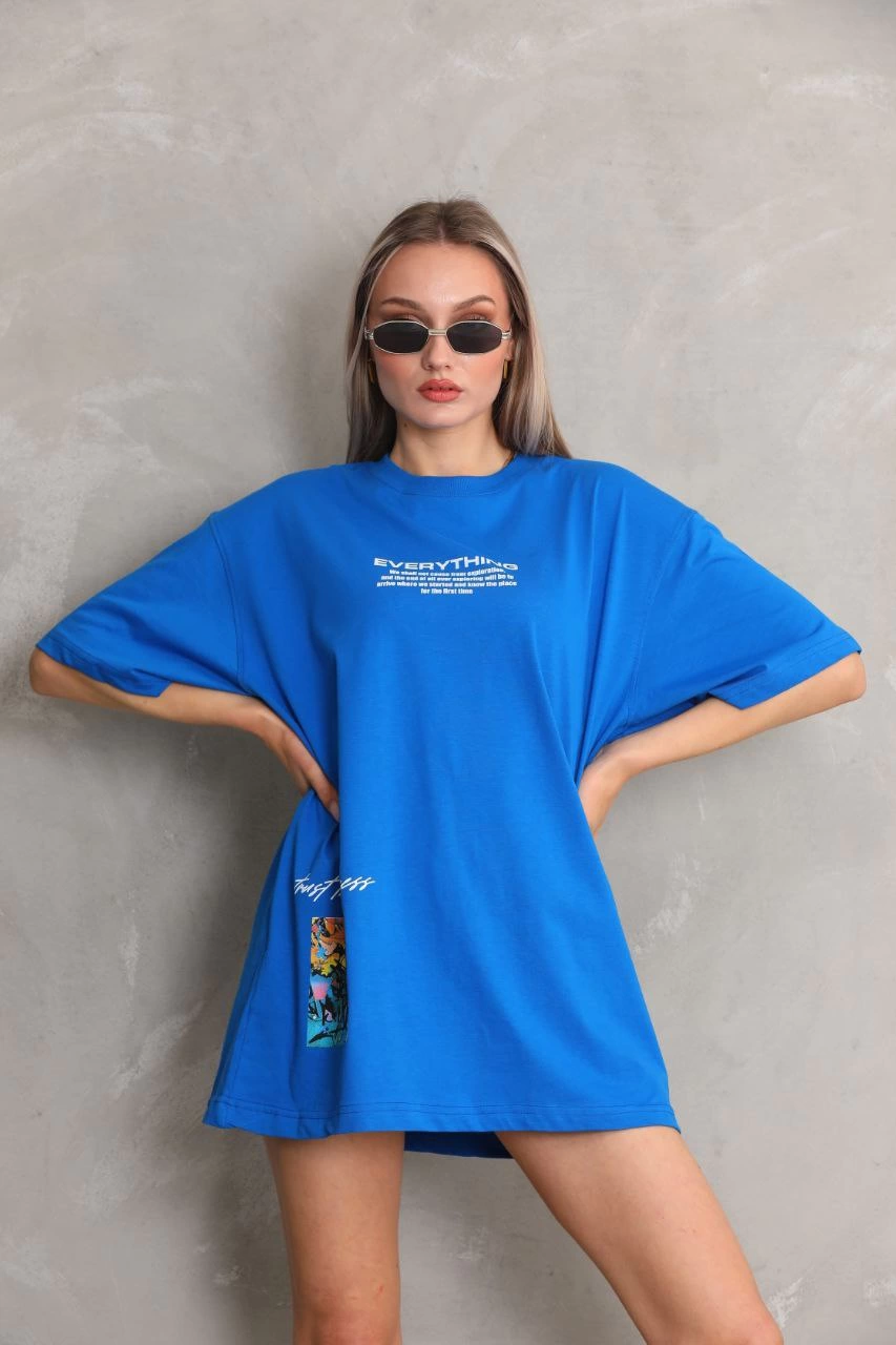 Bisiklet Yaka Baskılı Oversize T-Shirt - Mavi -