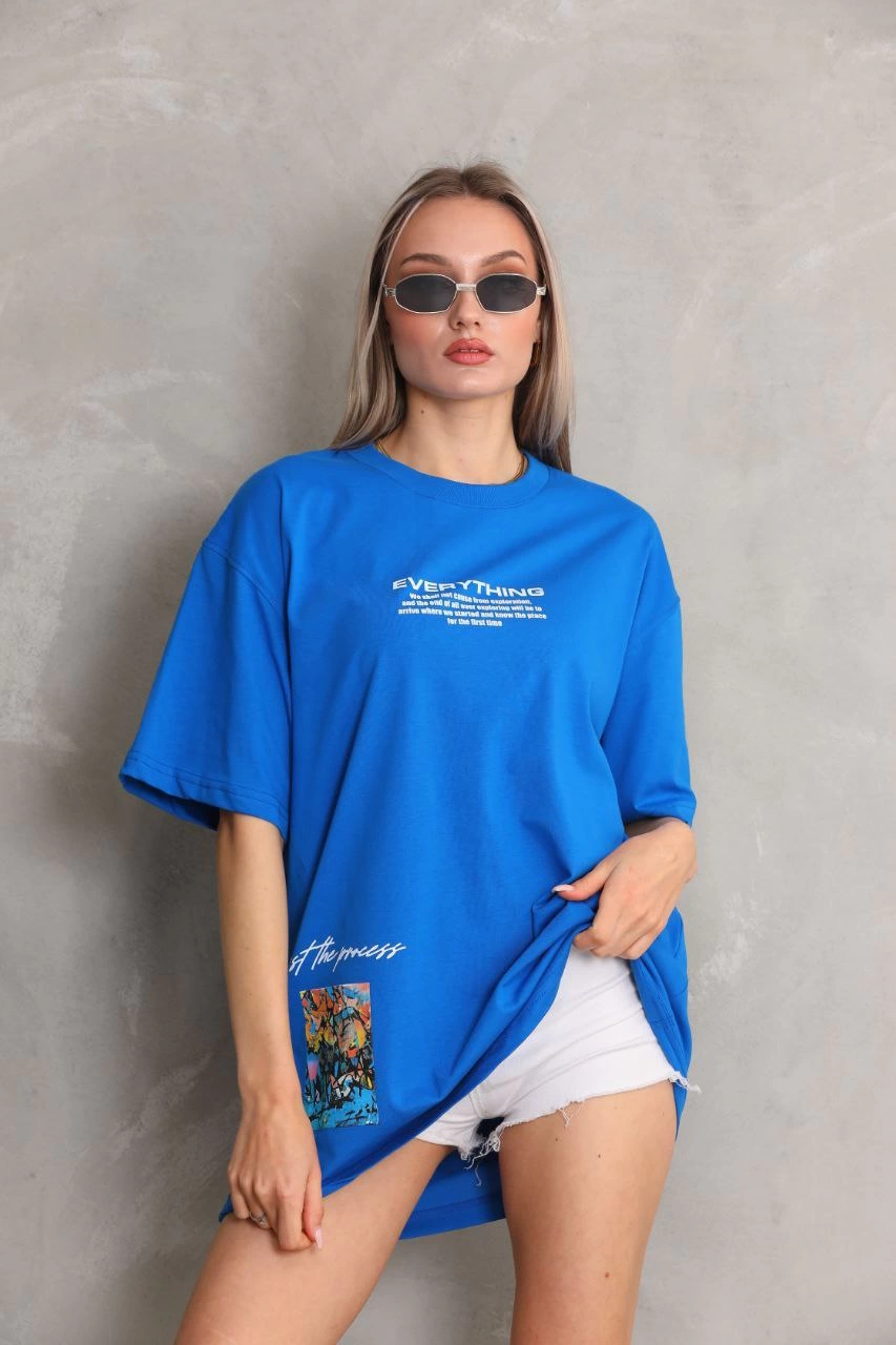 Bisiklet Yaka Baskılı Oversize T-Shirt - Mavi -