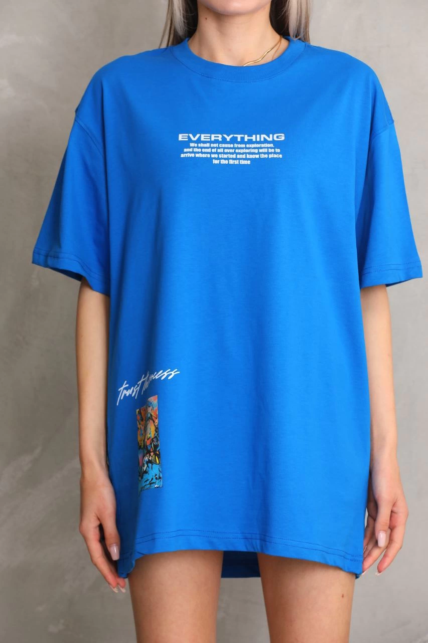 Bisiklet Yaka Baskılı Oversize T-Shirt - Mavi -
