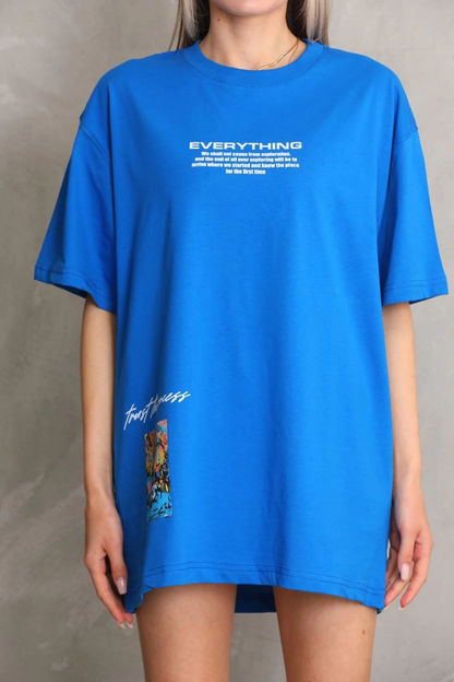 Bisiklet Yaka Baskılı Oversize T-Shirt - Mavi -