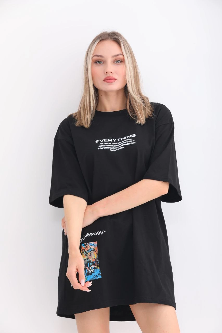 Bisiklet Yaka Baskılı Oversize T-Shirt - Siyah -