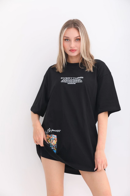 Bisiklet Yaka Baskılı Oversize T-Shirt - Siyah -