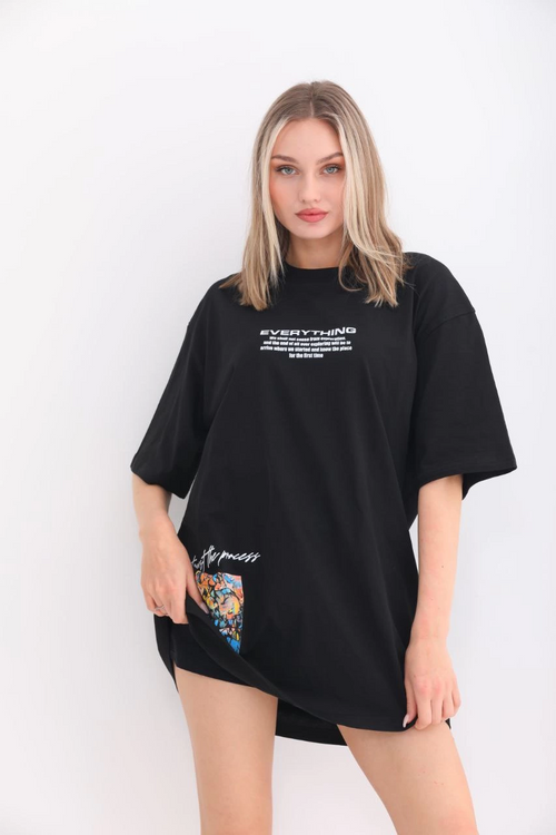 Bisiklet Yaka Baskılı Oversize T-Shirt - Siyah -