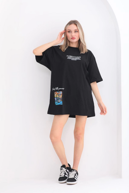 Bisiklet Yaka Baskılı Oversize T-Shirt - Siyah -