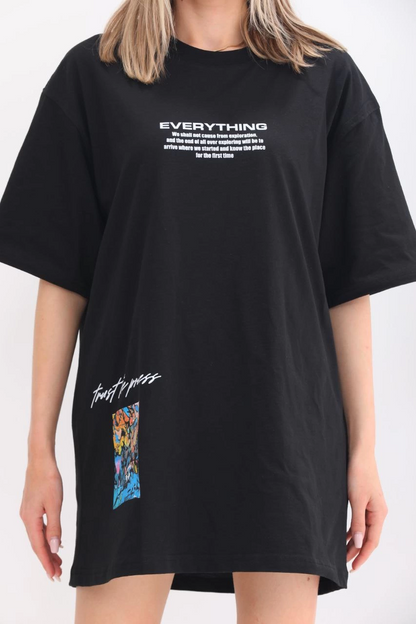 Bisiklet Yaka Baskılı Oversize T-Shirt - Siyah -