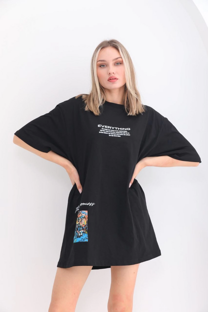 Bisiklet Yaka Baskılı Oversize T-Shirt - Siyah -