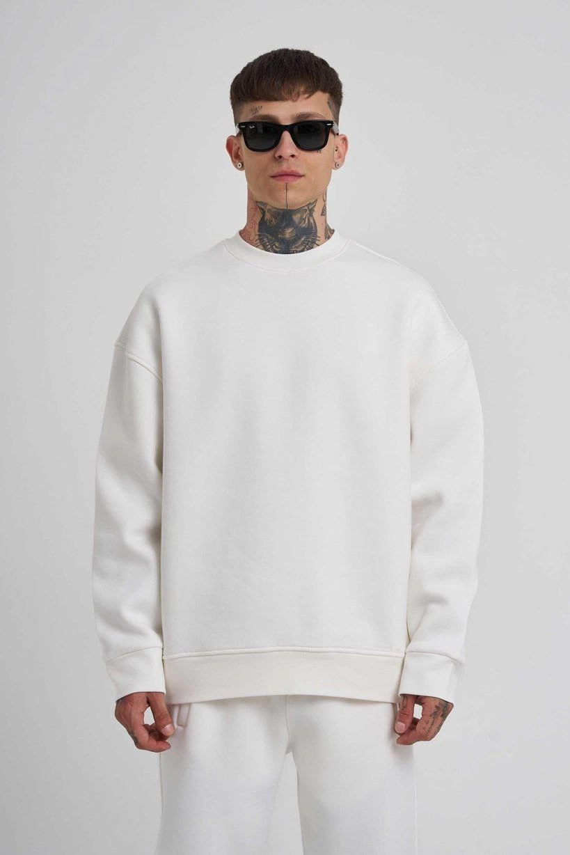 Biskilet Yaka Üç İplik SweatShirt - Beyaz -