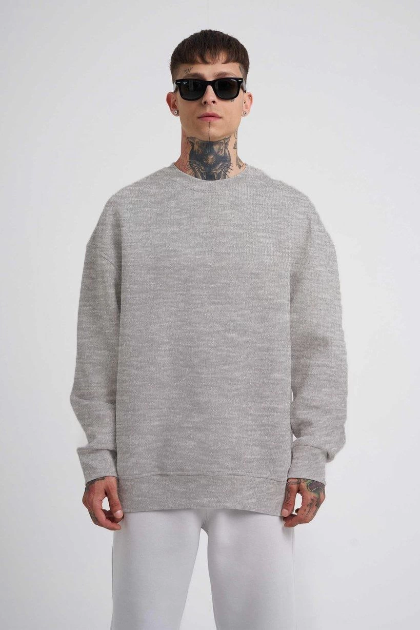 Biskilet Yaka Üç İplik SweatShirt - Gri -