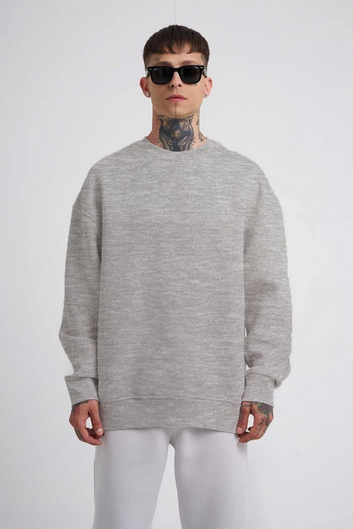 Biskilet Yaka Üç İplik SweatShirt - Gri -